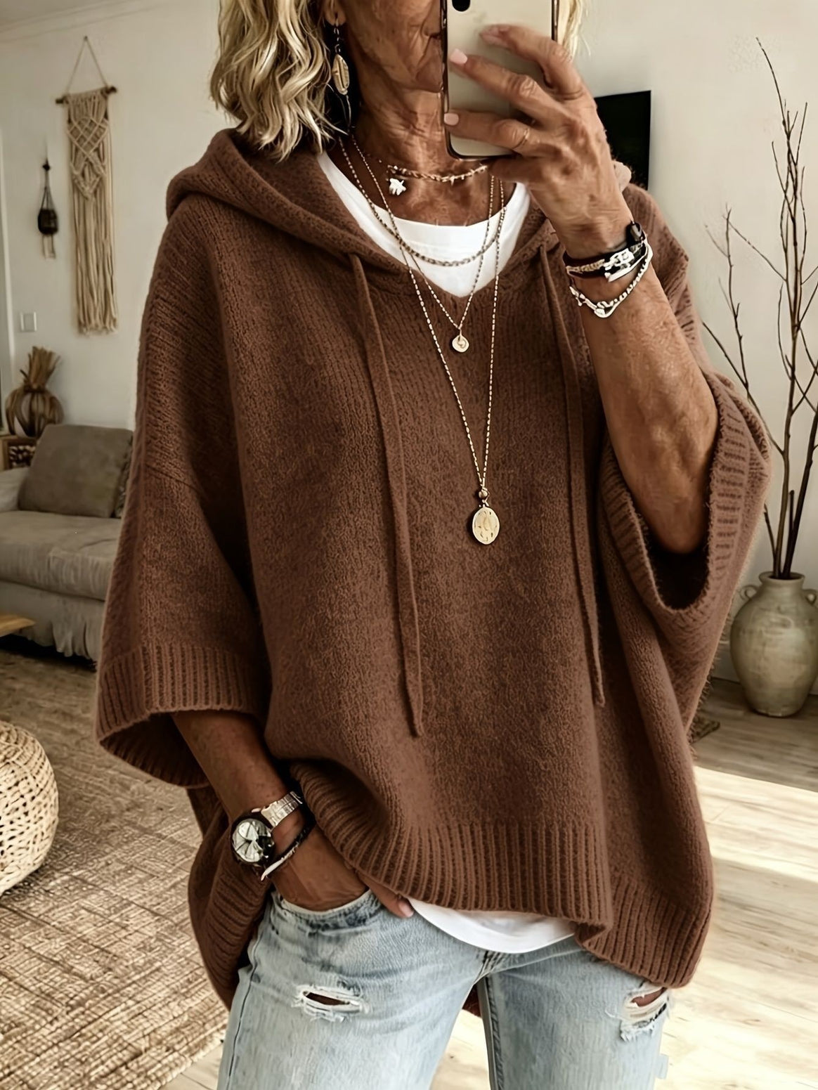 Women Oversize Hooded Knitted Poncho with Half-Length Sleeves and Block Stripes Mune Fashion