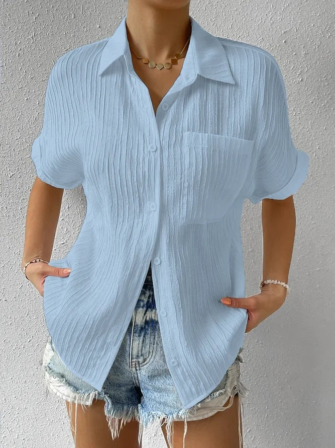 Women's crinkle effect shirt blouse with breast pocket, rolled sleeves and loose fit Mune Fashion