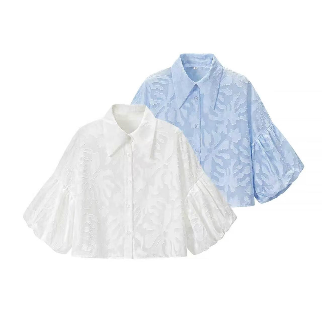 Women's Transparent Organza Blouse with Loose Fit, Volume Sleeves and Shirt Collar Mune Fashion
