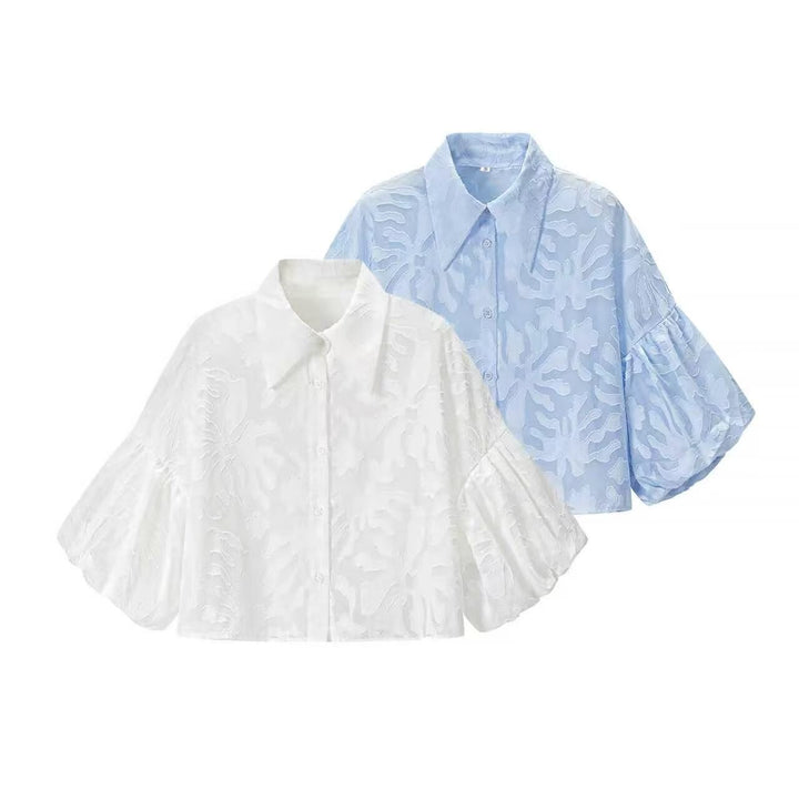Women's Transparent Organza Blouse with Loose Fit, Volume Sleeves and Shirt Collar Mune Fashion