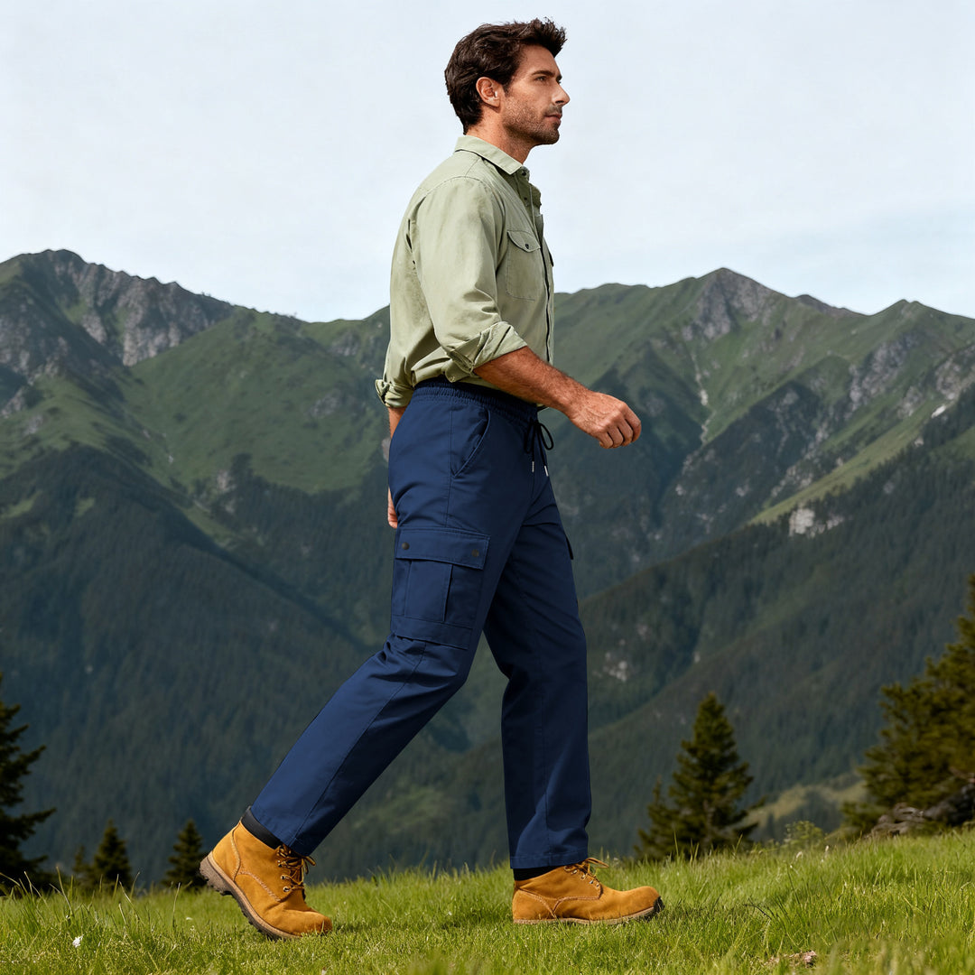 Men's outdoor cargo pants with elastic drawstring waistband and snap-button pockets Mune Fashion