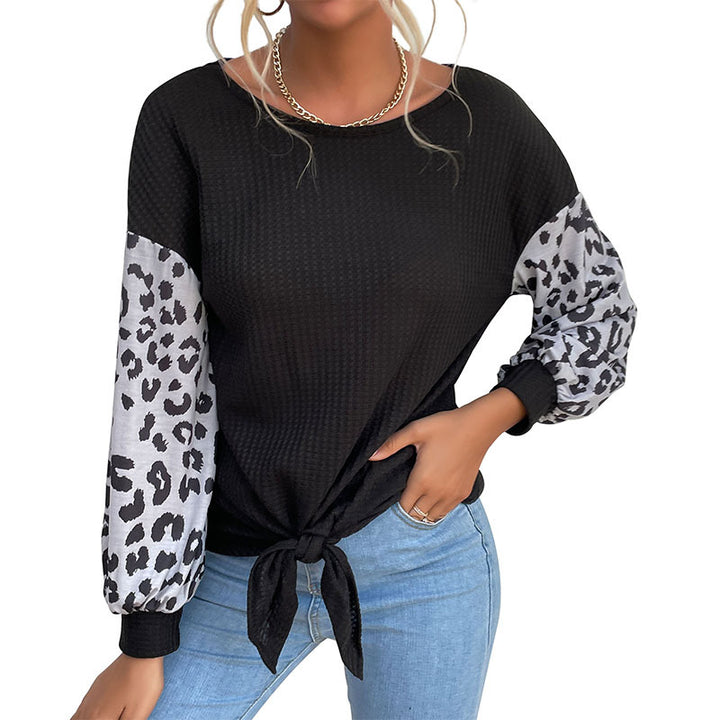 Ladies Casual Shirt with Waffle Structure, Leopard Sleeves and Knot Front Mune Fashion