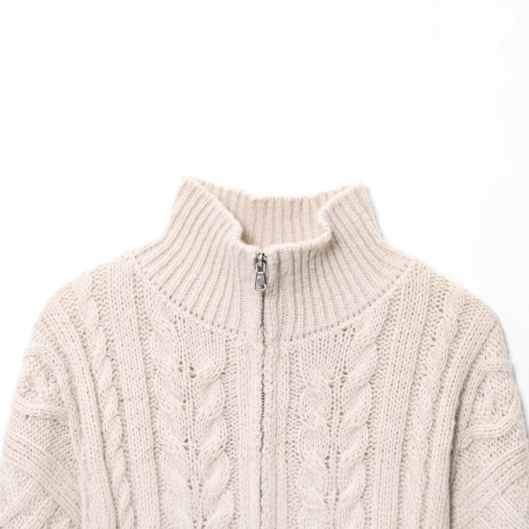 Women's Chunky Knit Cable Knit Cardigan with Stand-Up Collar and Zipper Mune Fashion