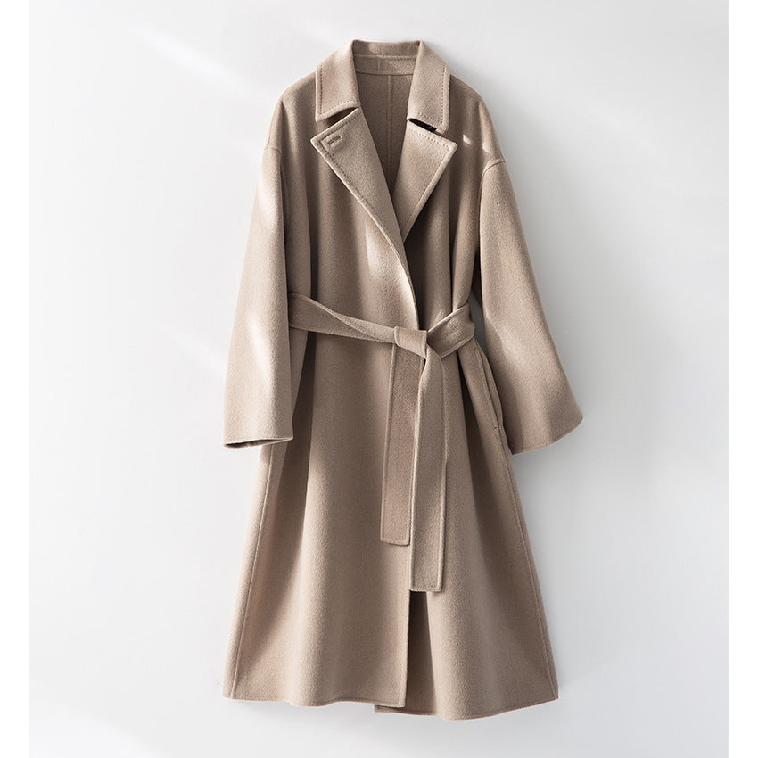 Women Straight Wool Blend Coat with Concealed Button Placket and Self-Tie Belt Mune Fashion