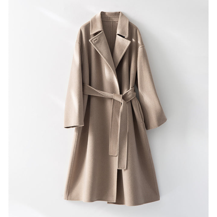 Women Straight Wool Blend Coat with Concealed Button Placket and Self-Tie Belt Mune Fashion
