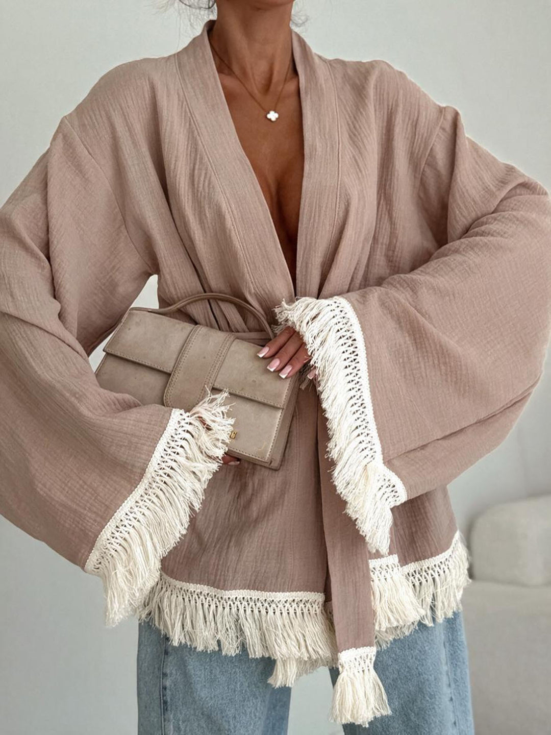 Women's Fringe Kimono Jacket in Linen Look with Waist Belt Mune Fashion