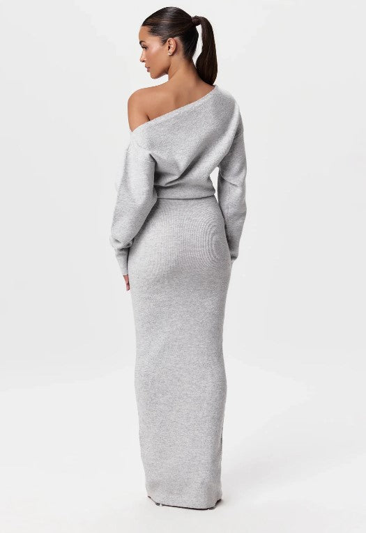Women's One-Shoulder Maxi Knit Dress with Oversized Sleeves Mune Fashion