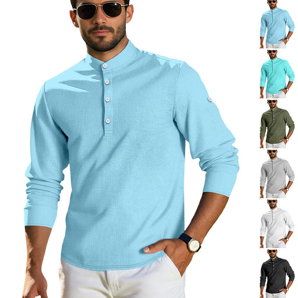 Men's structured long-sleeve henley with Nehru collar and tone-on-tone button placket Mune Fashion