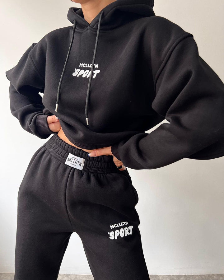 Women Cropped Hoodie and High-Waist Jogging Pants Lounge Set made of Cotton Fleece Mune Fashion