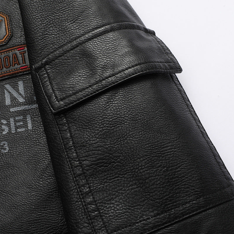 Men's pilot jacket in vintage leather look with patch applications, flap pockets, and sleeve utility pocket Mune Fashion