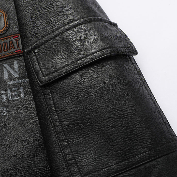 Men's pilot jacket in vintage leather look with patch applications, flap pockets, and sleeve utility pocket Mune Fashion
