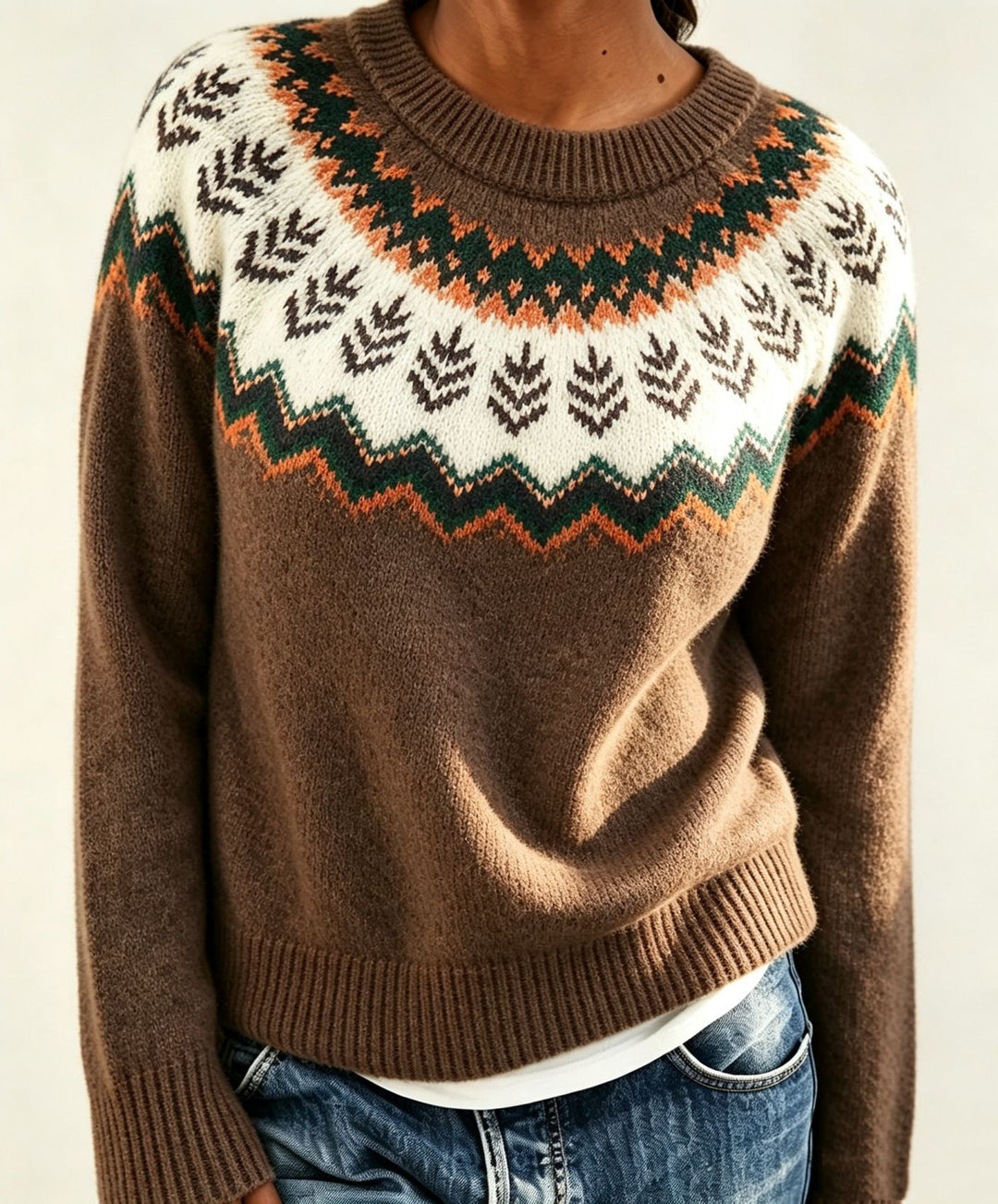 Women Round Neck Norwegian Sweater with Fair Isle Jacquard Mune Fashion