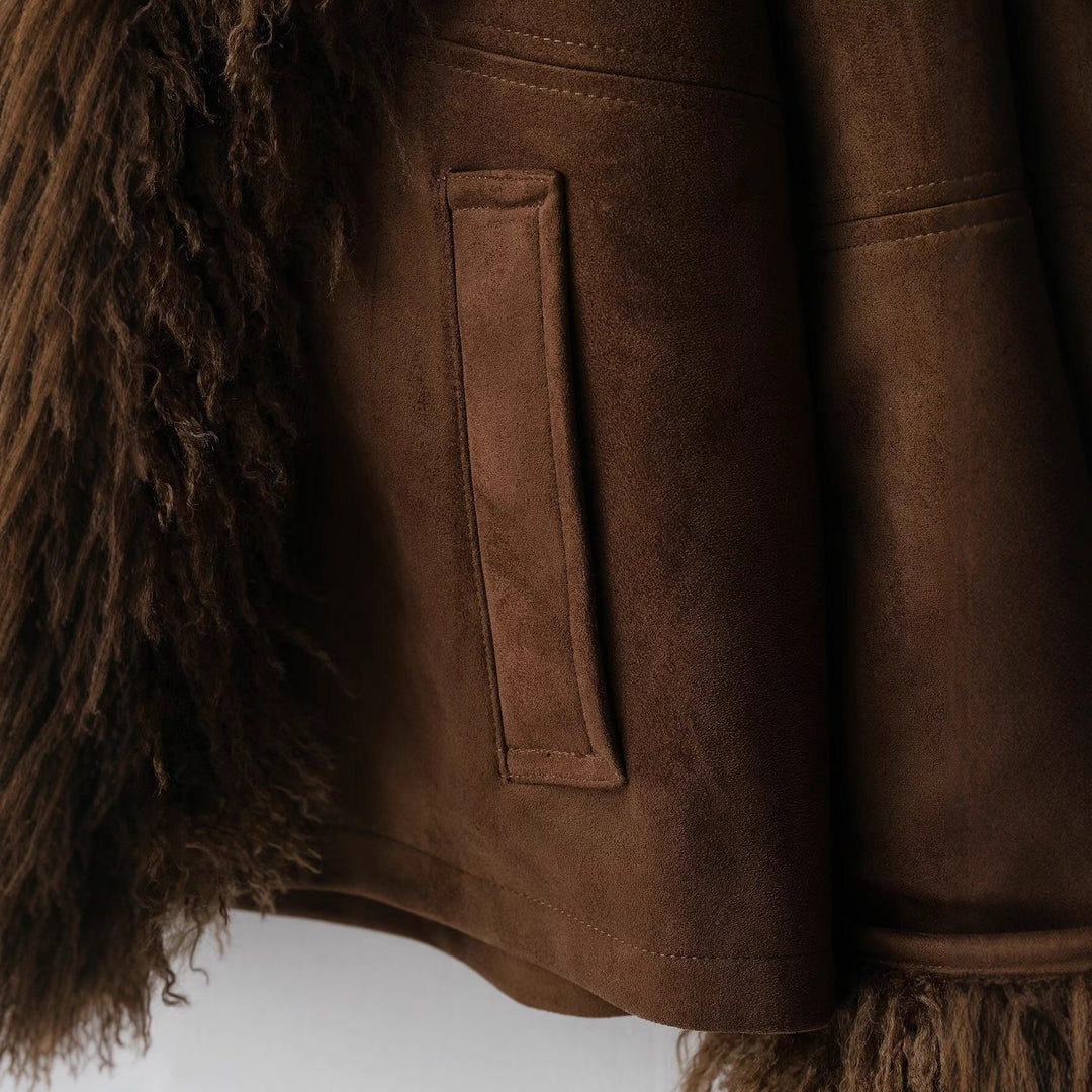 Women's Lambskin Look Coat with Voluminous Teddy Collar Mune Fashion