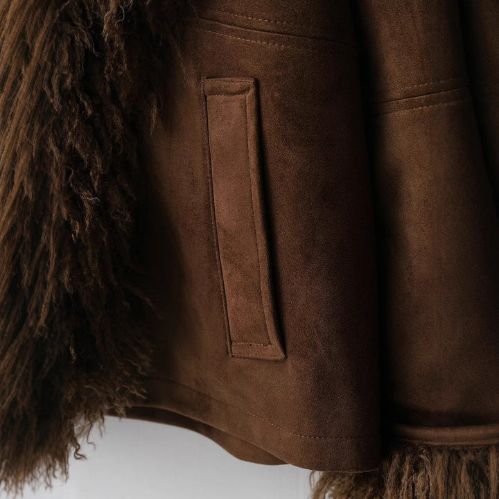Women's Lambskin Look Coat with Voluminous Teddy Collar Mune Fashion
