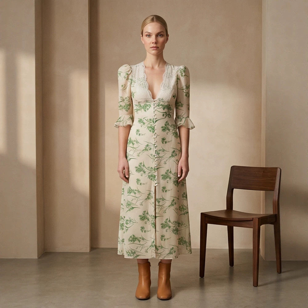 Women Floral Midi Dress with Lace V-Neck, Fitted Waist Seam and Pearl Button Placket Mune Fashion