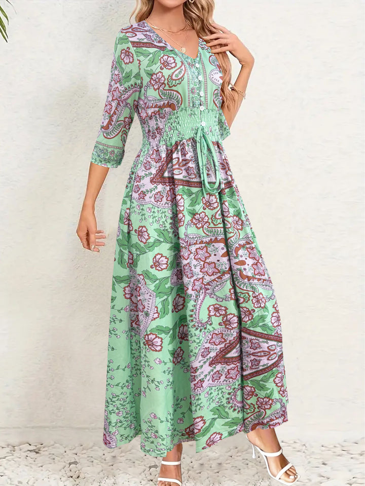 Women's Boho Maxi Dress with V-neck, Button Placket and Smocked Waist