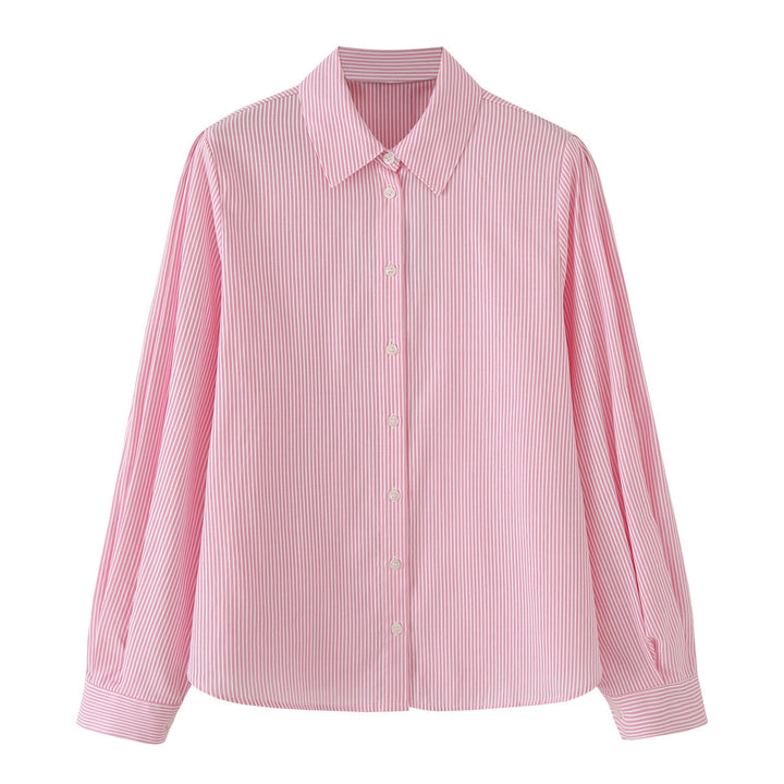 Women Loose Fit Striped Blouse with Kent Collar Continuous Button Placket and Cuffs Mune Fashion