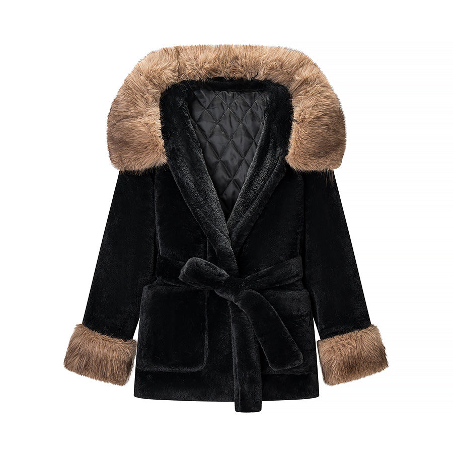 Women's Short Teddy Faux Fur Coat with Hood, Quilted Lining and Ties Mune Fashion