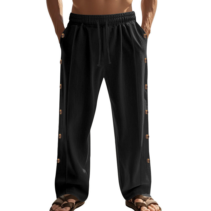 Men's casual beach pants with side button placket, elastic drawstring waistband, and wide leg Mune Fashion