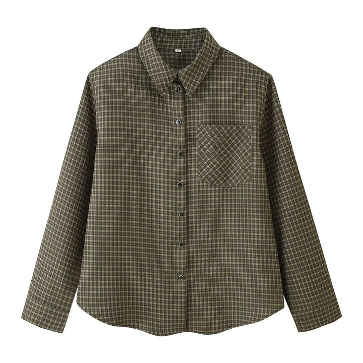 Women's oversized checkered shirt blouse with patch chest pocket and rounded hem Mune Fashion