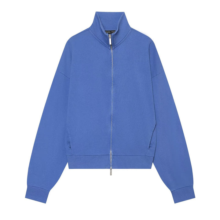 Women's short-cut sweatshirt jacket with high stand-up collar and zipper