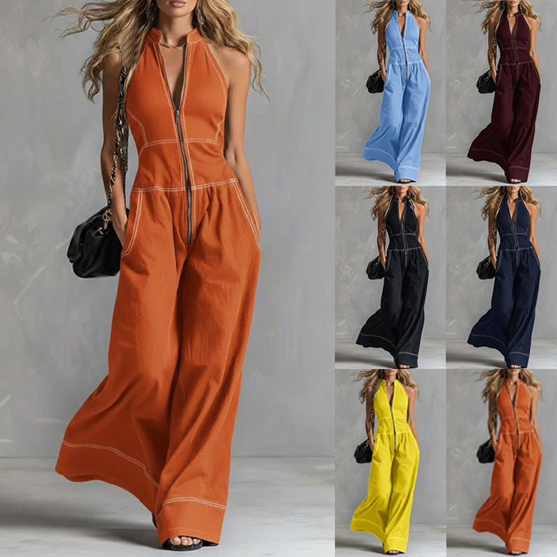 Women's Sleeveless Halter Jumpsuit with Zipper, Wide Leg and Side Pockets Mune Fashion