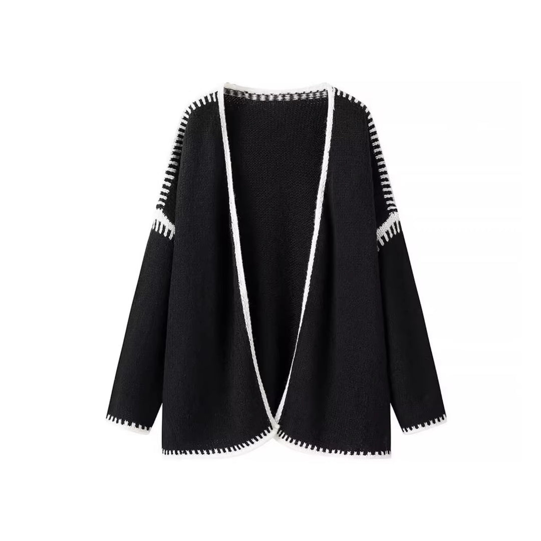 Women's Oversized Cardigan with Contrasting Crochet Edge and Dropped Shoulder Mune Fashion