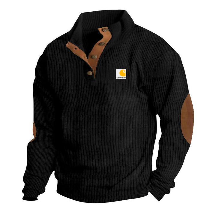 Men's knitted pullover in Troyer style with stand-up collar leather trim snap button placket and elbow patches Mune Fashion