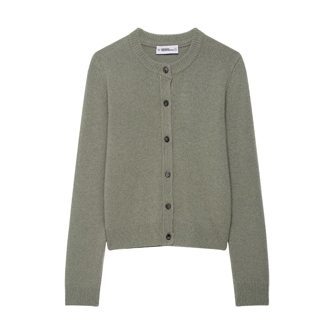 Women Short-Cut Fine Knit Cardigan with Round Neck and Ribbed Cuffs Mune Fashion
