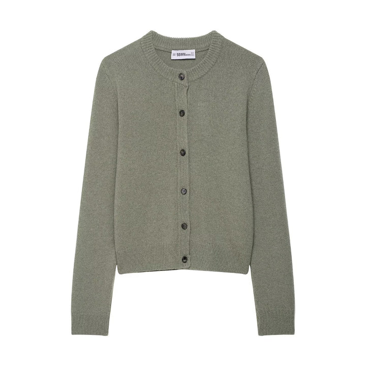 Women Short-Cut Fine Knit Cardigan with Round Neck and Ribbed Cuffs Mune Fashion
