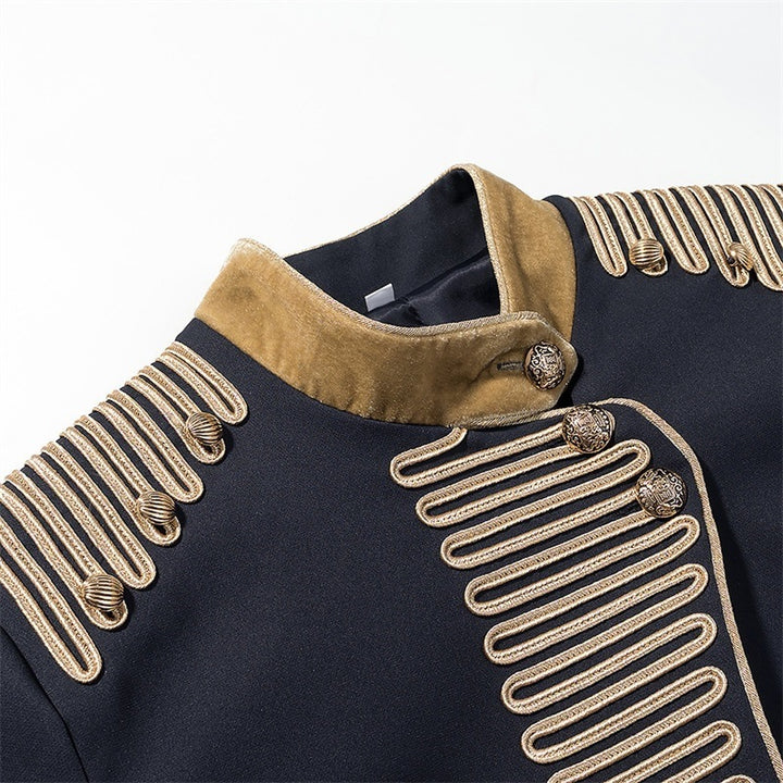 Women's short military-inspired jacket with stand-up collar, decorative cords, and gold-trimmed cuffs Mune Fashion