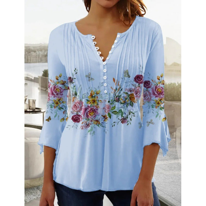 Women's Lightweight Viscose Tunic with V-Neck, Pleating and Floral Border Print Mune Fashion
