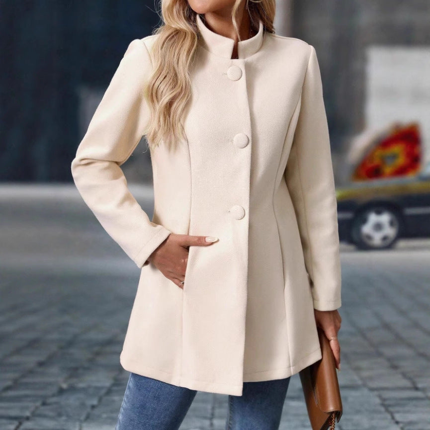 Women's Stand Collar Coat Jacket with Concealed Button Placket and Side Pockets Mune Fashion