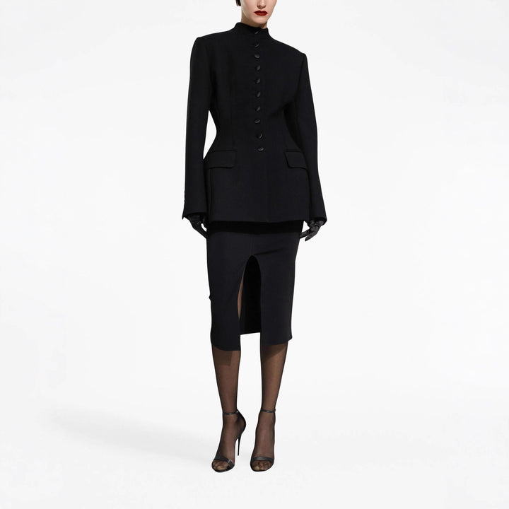 Women's Tailored Blazer with Stand-up Collar, Structured Shoulder and Decorative Button Placket Mune Fashion