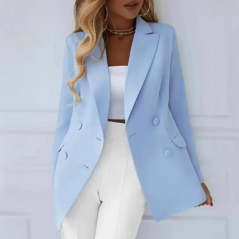 Women Elegant tailored long blazer with fabric-covered buttons Mune Fashion