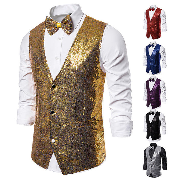 Men's Glittering Festive Waistcoat with Matching Bowtie Mune Fashion