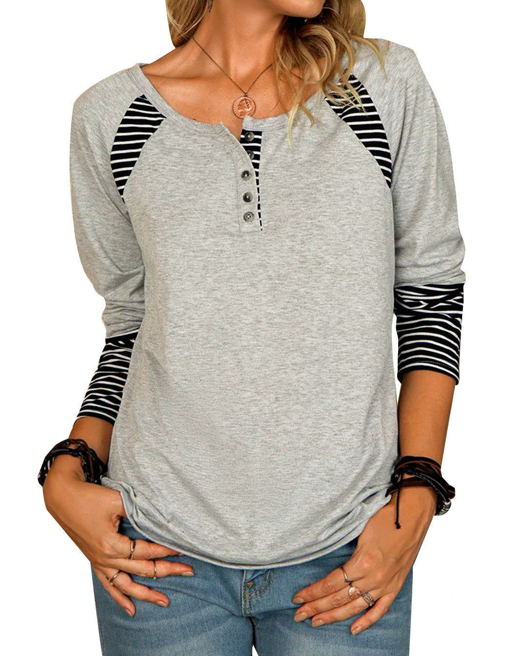 Women's Casual Raglan Henley Shirt with Button Placket and Striped Cuff Sleeves Drune