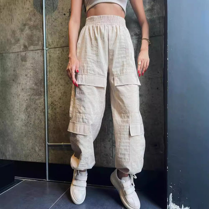 Women's cargo harem pants with high elastic waist and patch flap pockets Mune Fashion