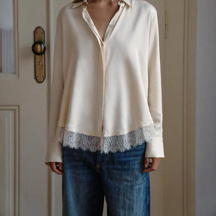 Women's Oversize blouse with concealed button placket and lace finish Mune Fashion