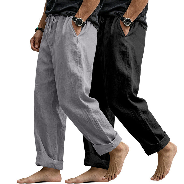 Men's Wide Comfort Casual Pants Made of Linen Blend with Drawstring, Side Pockets and Cuffed Mune Fashion