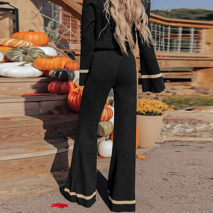 Women's Knit Relax Set with V-Neck and Wide Palazzo Pants Legs, Contrasting Cuffs Mune Fashion