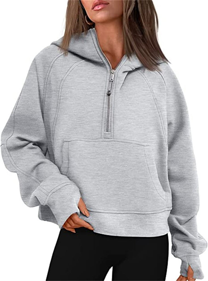 Women's short cut hoodie with half zipper and kangaroo pocket Mune Fashion