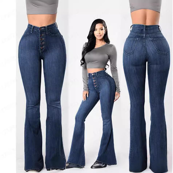 Women's high-waisted bootcut jeans with visible button placket, figure-flattering stretch, and slim thigh Mune Fashion