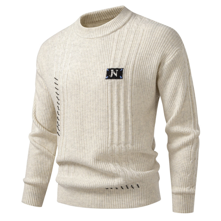 Men's Structured Ribbed Knit Pullover with Decorative Seams and Logo Patch Mune Fashion
