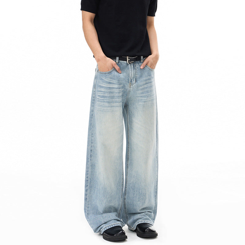 Men's Wide Loose Palazzo Denim Jeans with Drop Crotch and Light Used Wash Mune Fashion