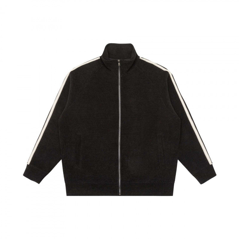 Unisex Oversize Teddy fleece Zipped jacket with stand-up collar and contrast stripes Mune Fashion