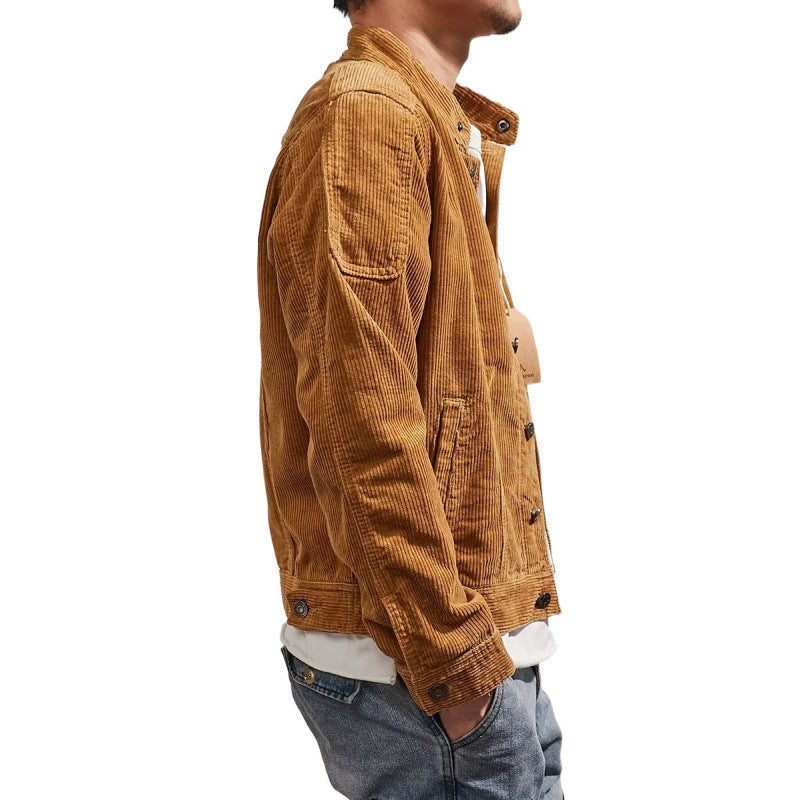 Men's Short-Cut Cord Jacket in Worker Style with Stand Collar and Snap Button Placket Mune Fashion