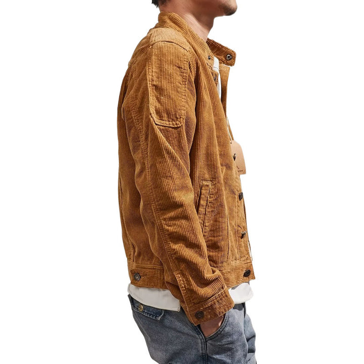 Men's Short-Cut Cord Jacket in Worker Style with Stand Collar and Snap Button Placket Mune Fashion
