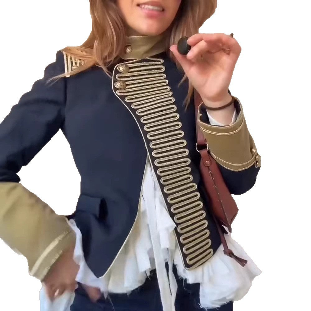 Women’s military-inspired short jacket with gold cord trim and stand-up collar Mune Fashion