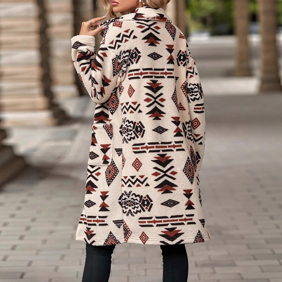 Women Teddy Coat with Aztec Pattern, Button Placket and Patch Pockets Mune Fashion